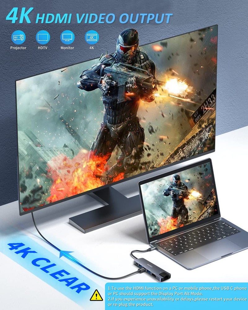 Verilux ® 6 in 1 USB C Hub with Ethernet Multi USB Port for Laptop with USB Hub 3.0 and 2.0 PD 87W Charging Port USB Type C Hub with 4K HDMI Converter for MacBook Air Pro, for iPhone 15 16 Pro Max Plus - Image 4