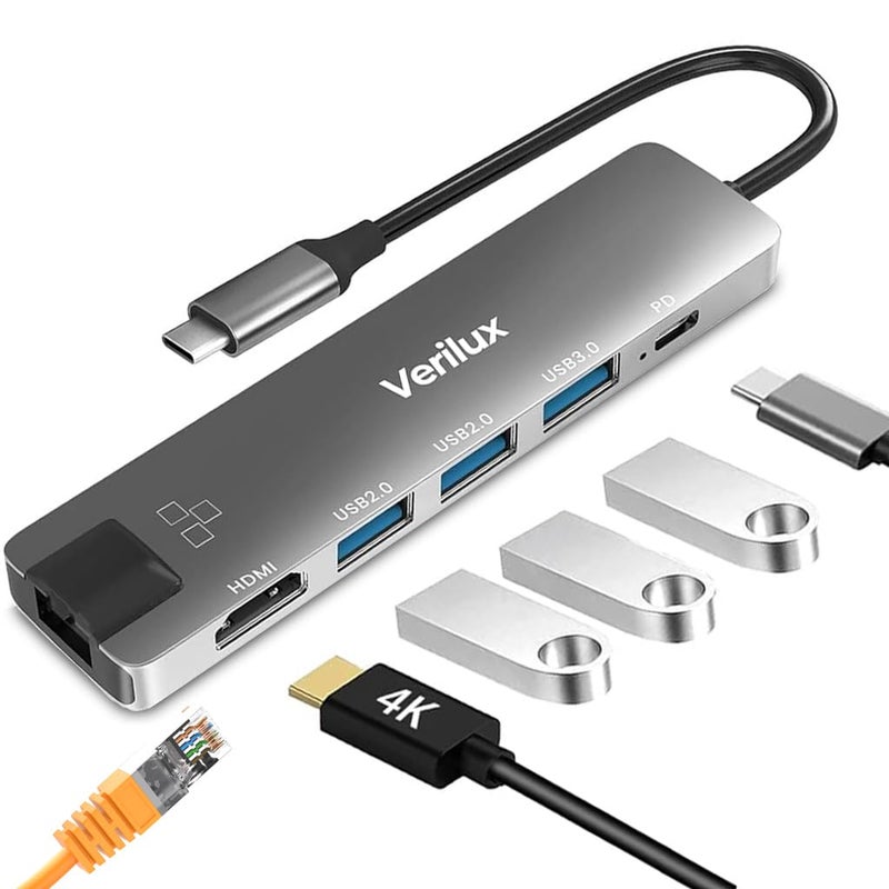Verilux ® 6 in 1 USB C Hub with Ethernet Multi USB Port for Laptop with USB Hub 3.0 and 2.0 PD 87W Charging Port USB Type C Hub with 4K HDMI Converter for MacBook Air Pro, for iPhone 15 16 Pro Max Plus - Image 1