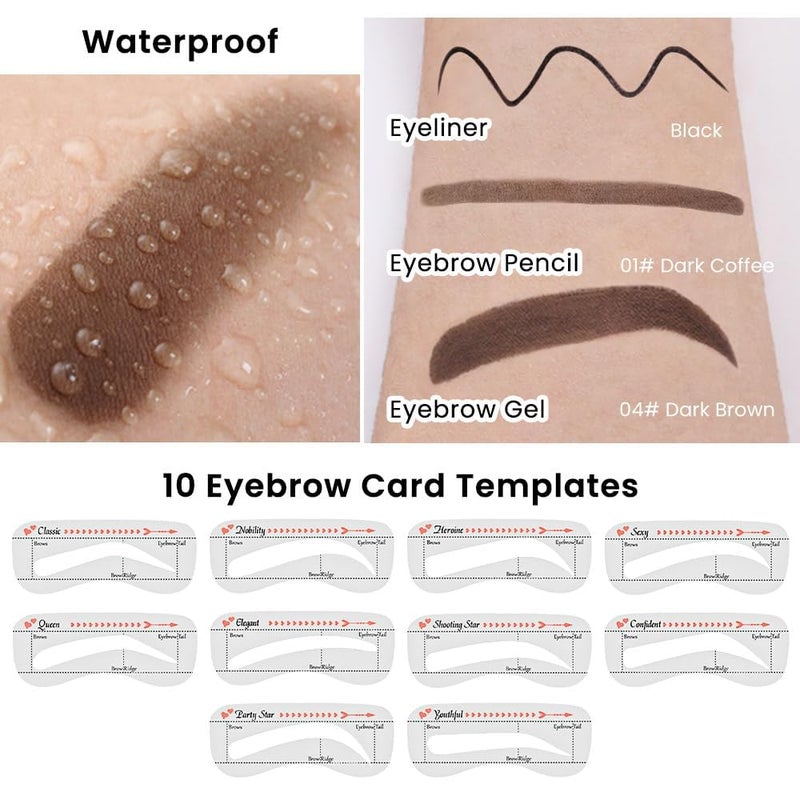evpct Eyebrow Stencils Kit for Women Shaping, Eyebrow Shaper Makeup Kit, Eye Brow Stencil Shaper Tinting kits for Women, with Eyeliner, Eyebrows Pencil, Pomade, Brush and 10 Stencils, Kit04 DARK BROWN - Image 5