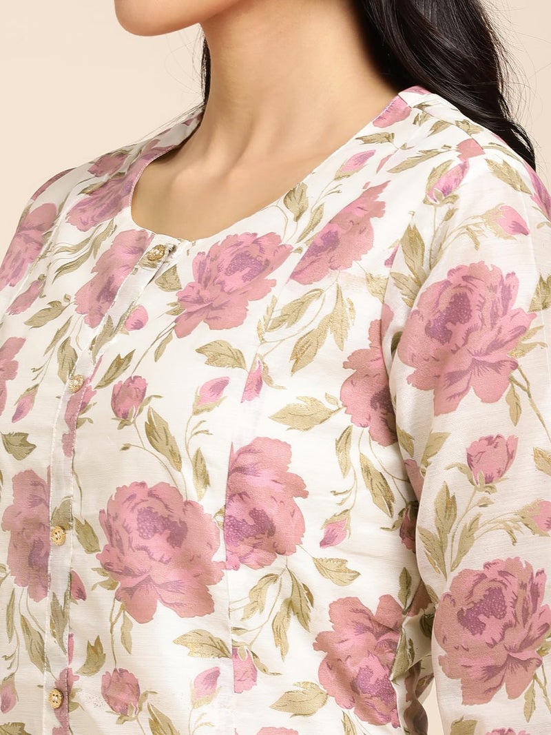 RATAN Chanderi Silk Gold Printed Flared Ethnic Wear Kurti for Women (MAHI-017-Medium_White) - Image 2