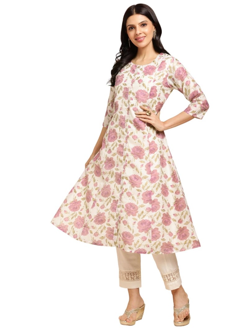 RATAN Chanderi Silk Gold Printed Flared Ethnic Wear Kurti for Women (MAHI-017-Medium_White) - Image 1