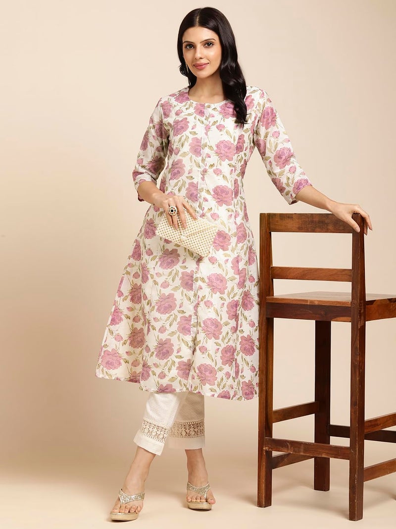 RATAN Chanderi Silk Gold Printed Flared Ethnic Wear Kurti for Women (MAHI-017-Medium_White) - Image 5