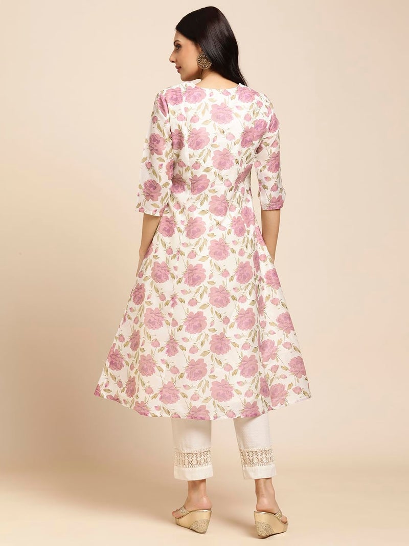 RATAN Chanderi Silk Gold Printed Flared Ethnic Wear Kurti for Women (MAHI-017-Medium_White) - Image 3