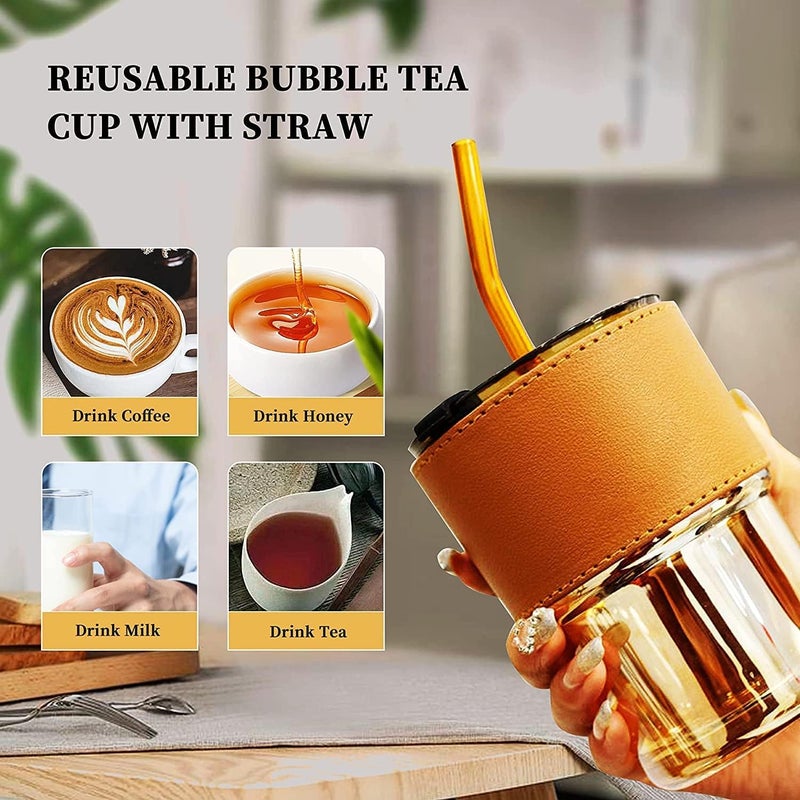 KELVEE KELVEE Glass Tumbler With Silicone StrawLid 435MlGlass Cup With Leather SleeveGlass Coffee Mugs For StrawDirect Drinking Mouth Dual UseSummer Travel Essential BottleAmber435 Milliliter - Image 2