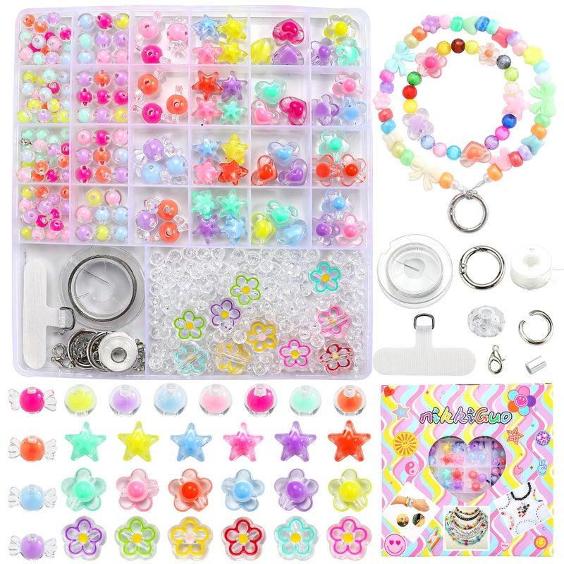 nikkiGuo 320 Piece Acrylic Bead Jewelry Making kit - Transparent Candy Colored Beads, Mixed Shape Heart-Shaped Star Flowers, 8mm/10mm/20mm, Keychain, Phone Chain DIY Craft Jewelry - Image 2