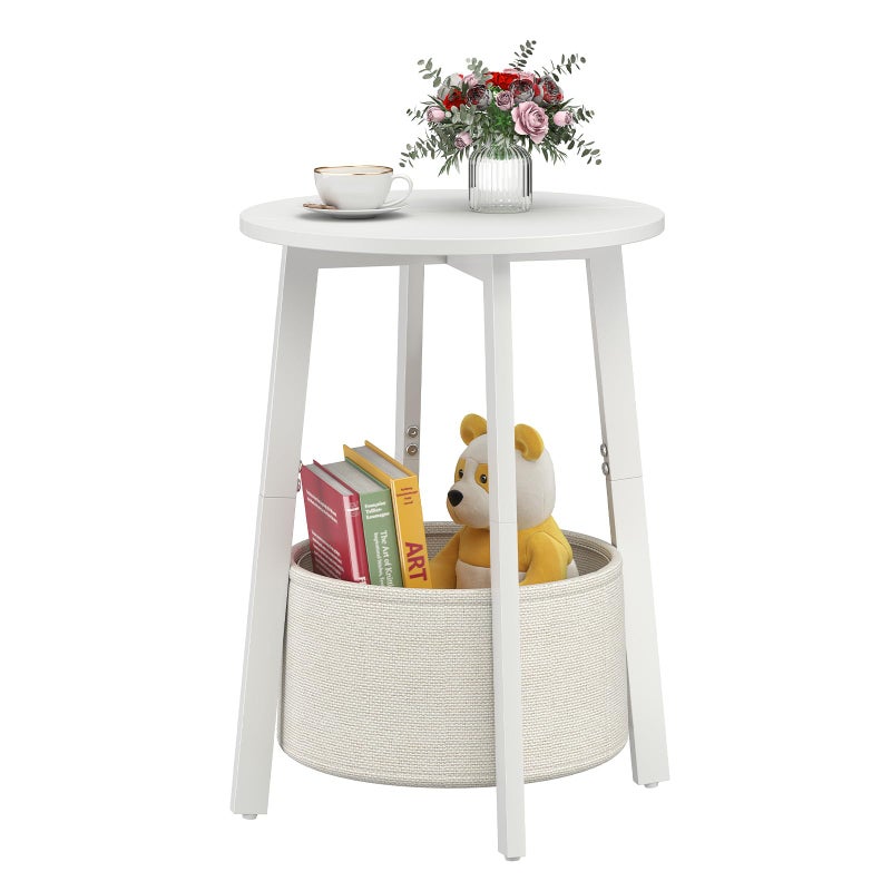 sthmec Small Round Side End Table with Cloth Storage Basket, Round Bedside Sofa Couch Coffee Tables for Small Places with Metal Frame, Modern Nighstands for Living Room Bedroom,White - Image 1