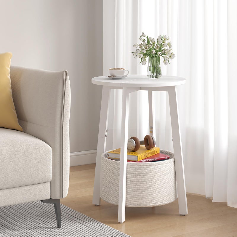 sthmec Small Round Side End Table with Cloth Storage Basket, Round Bedside Sofa Couch Coffee Tables for Small Places with Metal Frame, Modern Nighstands for Living Room Bedroom,White - Image 2