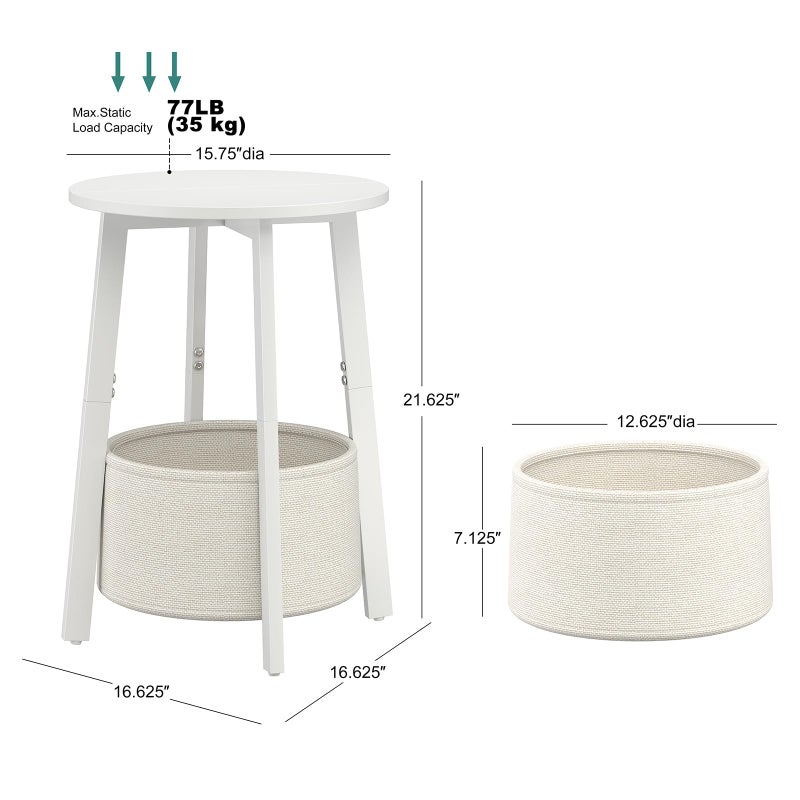 sthmec Small Round Side End Table with Cloth Storage Basket, Round Bedside Sofa Couch Coffee Tables for Small Places with Metal Frame, Modern Nighstands for Living Room Bedroom,White - Image 3