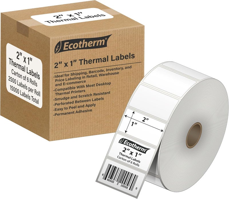 Ecotherm 2"x1" Thermal Labels for Rollo, Munbyn, Zebra, Godex, Arkscan, iDPRT, Offnova Label Printers and More - White Paper Stickers - Small Multipurpose Labels | 15000 Labels | 6 Rolls | by - Image 1