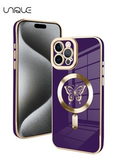 Designed for iPhone 15 Pro Magnetic Case Compatible with MagSafe Wireless Charging,Cute Butterfly Phone Bumper Cover with Camera Protection for Women Girls Men 6.1"- Purple