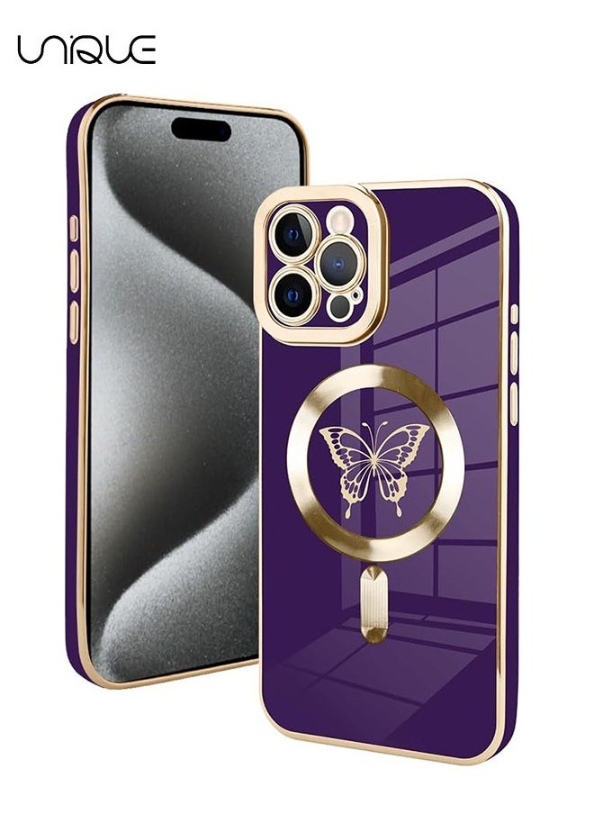 Unique - Designed for iPhone 15 Pro Magnetic Case Compatible with MagSafe Wireless Charging,Cute Butterfly Phone Bumper Cover with Camera Protection for Women Girls Men 6.1"- Purple - Image 1