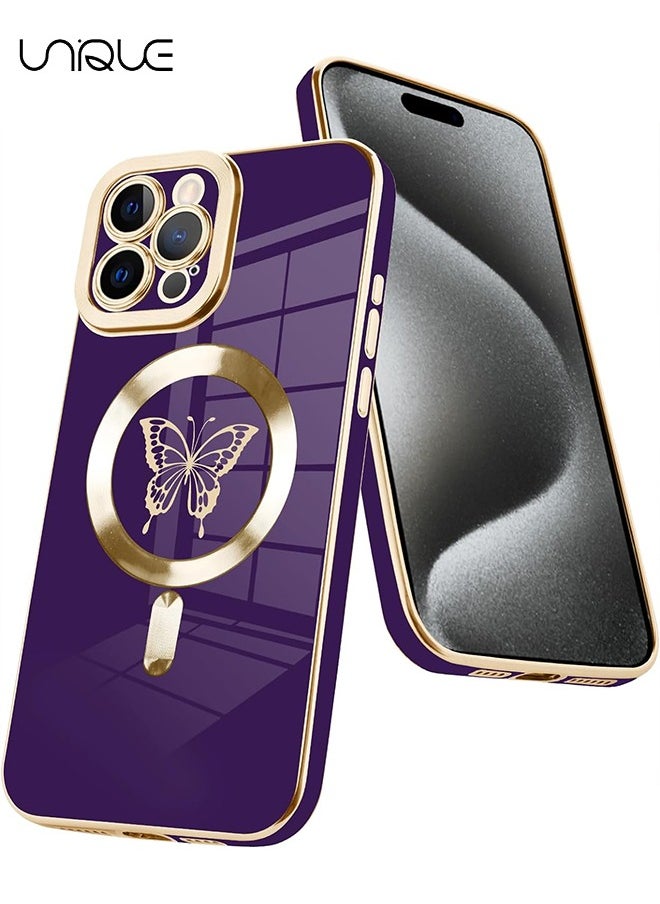 Unique - Designed for iPhone 15 Pro Magnetic Case Compatible with MagSafe Wireless Charging,Cute Butterfly Phone Bumper Cover with Camera Protection for Women Girls Men 6.1"- Purple - Image 1