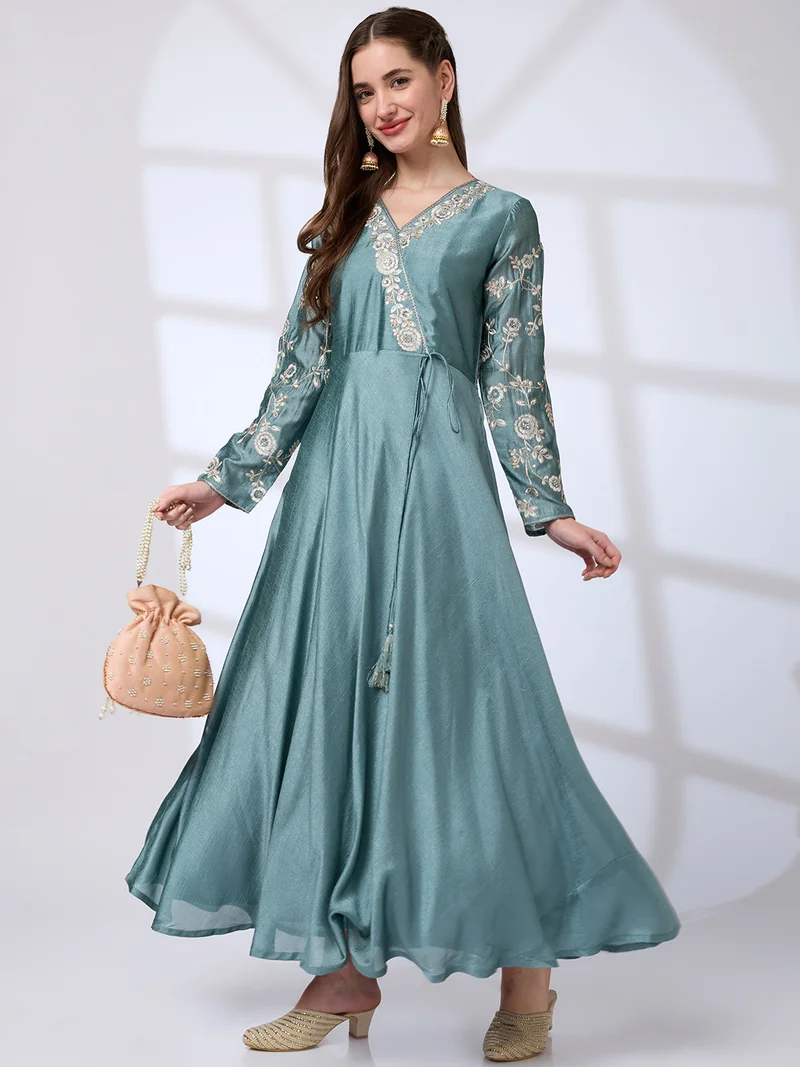 globus Women V-Neck Sequin Embroidered Detail Tassel Waist Tie-Ups A-Line Festive Maxi Dress