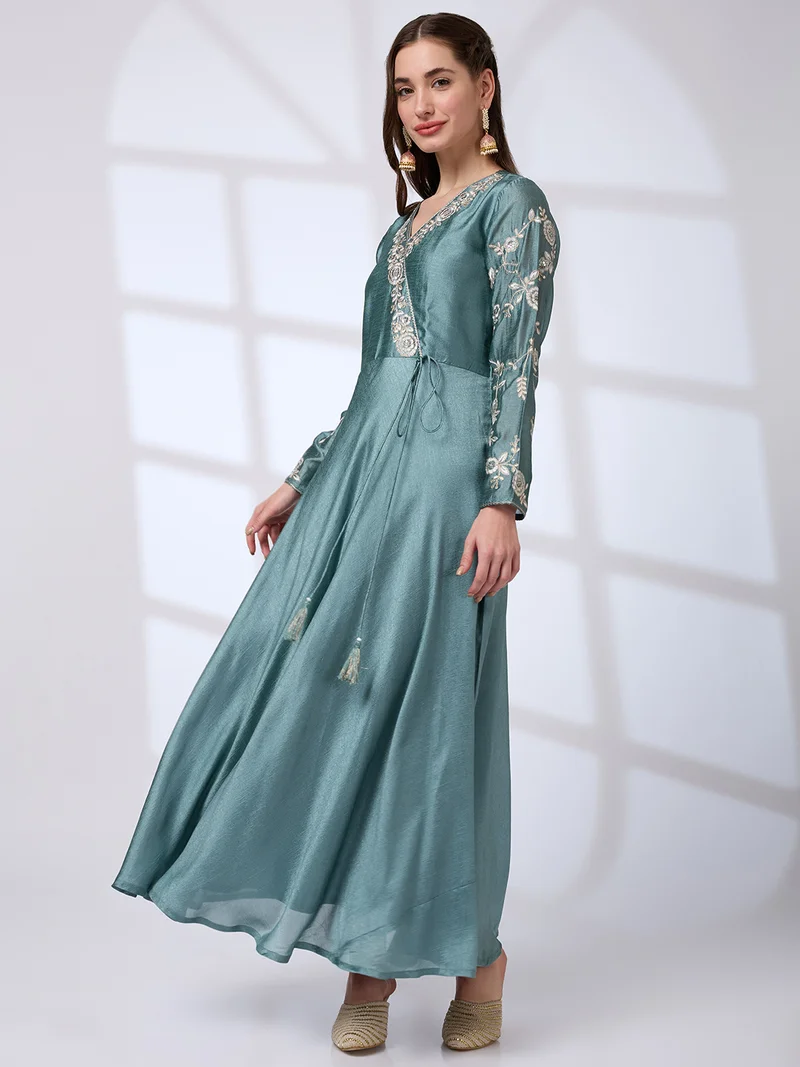 globus Women V-Neck Sequin Embroidered Detail Tassel Waist Tie-Ups A-Line Festive Maxi Dress