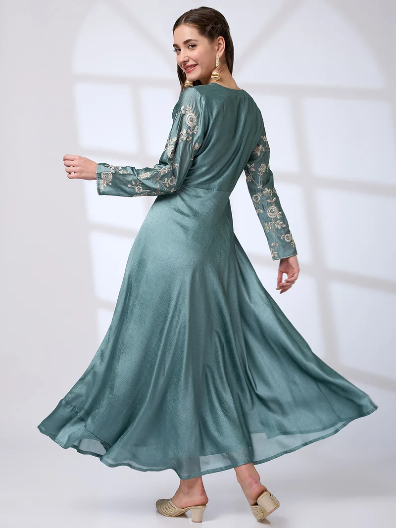 globus Women V-Neck Sequin Embroidered Detail Tassel Waist Tie-Ups A-Line Festive Maxi Dress