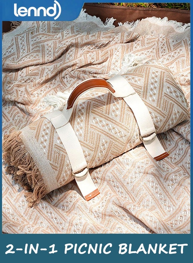 لينند بطانية نزهة خارجية كبيرة جدًا 2 في 1 مقاومة للماء ومنسوجة من بوهو ومنشفة شاطئ عملاقة وإكسسوارات يوغا أساسية للسفر والحديقة والفناء والحديقة والأرض العشبية والمهرجانات الموسيقية والحفلات الموسيقية. - Image 1