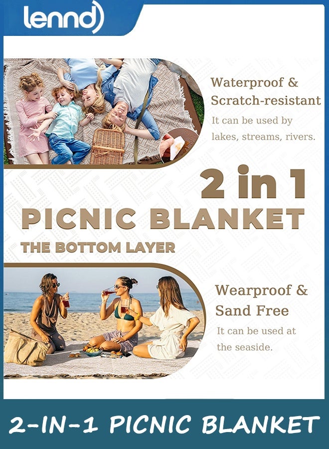 لينند بطانية نزهة خارجية كبيرة جدًا 2 في 1 مقاومة للماء ومنسوجة من بوهو ومنشفة شاطئ عملاقة وإكسسوارات يوغا أساسية للسفر والحديقة والفناء والحديقة والأرض العشبية والمهرجانات الموسيقية والحفلات الموسيقية. - Image 4