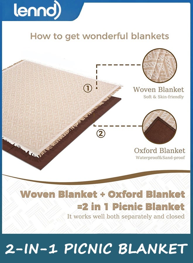 لينند بطانية نزهة خارجية كبيرة جدًا 2 في 1 مقاومة للماء ومنسوجة من بوهو ومنشفة شاطئ عملاقة وإكسسوارات يوغا أساسية للسفر والحديقة والفناء والحديقة والأرض العشبية والمهرجانات الموسيقية والحفلات الموسيقية. - Image 5