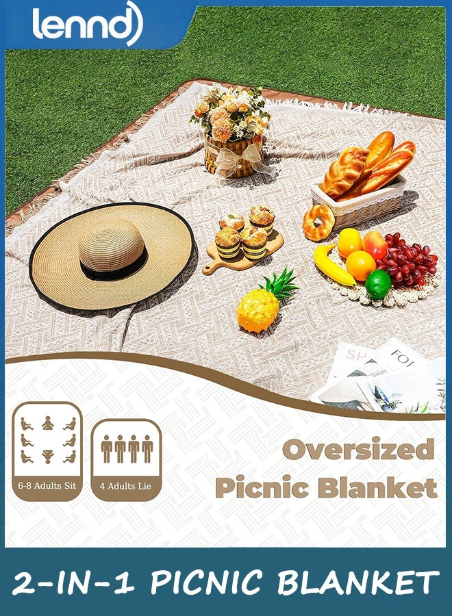 لينند بطانية نزهة خارجية كبيرة جدًا 2 في 1 مقاومة للماء ومنسوجة من بوهو ومنشفة شاطئ عملاقة وإكسسوارات يوغا أساسية للسفر والحديقة والفناء والحديقة والأرض العشبية والمهرجانات الموسيقية والحفلات الموسيقية. - Image 2