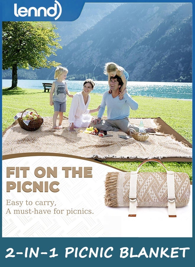 لينند بطانية نزهة خارجية كبيرة جدًا 2 في 1 مقاومة للماء ومنسوجة من بوهو ومنشفة شاطئ عملاقة وإكسسوارات يوغا أساسية للسفر والحديقة والفناء والحديقة والأرض العشبية والمهرجانات الموسيقية والحفلات الموسيقية. - Image 3