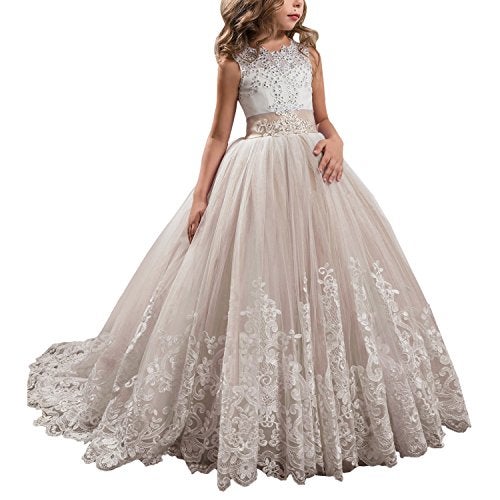 WDE Princess Champagne Long Girls Pageant Dresses Kids Prom Puffy Tulle Ball Gown US 2 - Image 1