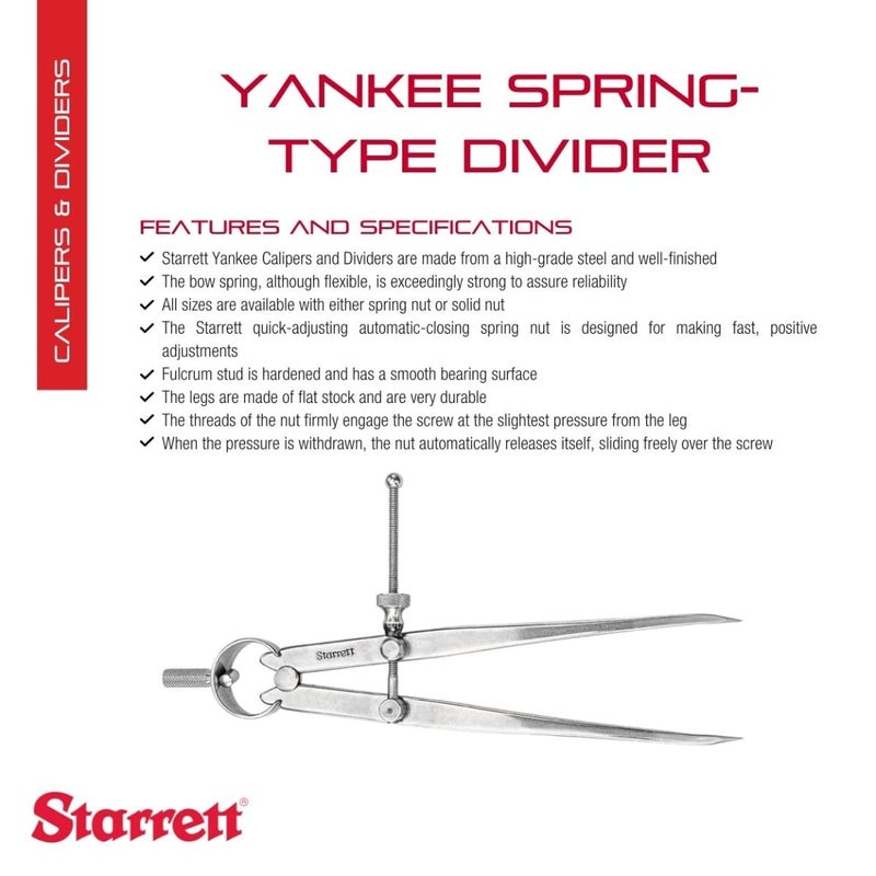 Starrett Yankee SpringType Divider with HighGrade Steel Bow Spring and Quick Adjusting Spring Nut  6 Size and Capacity Spring Joint Type  83A6 - Image 2