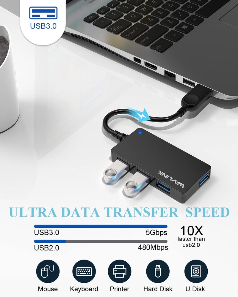 WAVLINK 4 Port USB 3.0 5Gbps Hub,USB Extension and Splitter with LED Indicator,Super Speed Transfer for Laptop - Image 3