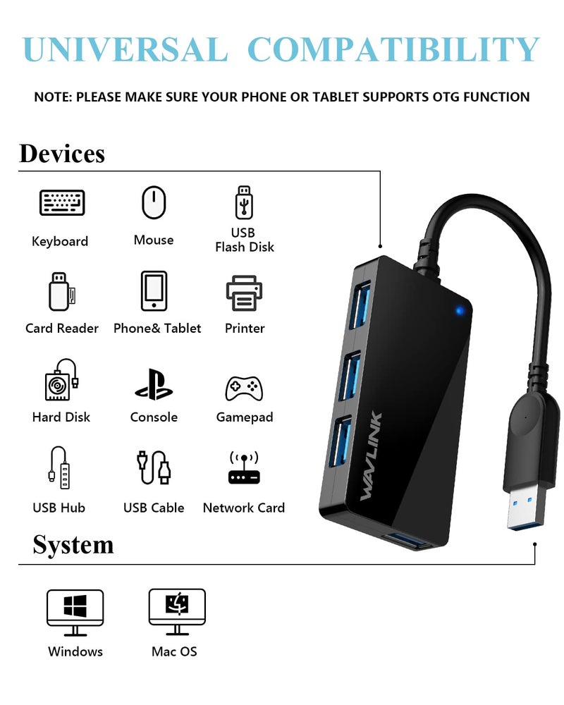 WAVLINK 4 Port USB 3.0 5Gbps Hub,USB Extension and Splitter with LED Indicator,Super Speed Transfer for Laptop - Image 4