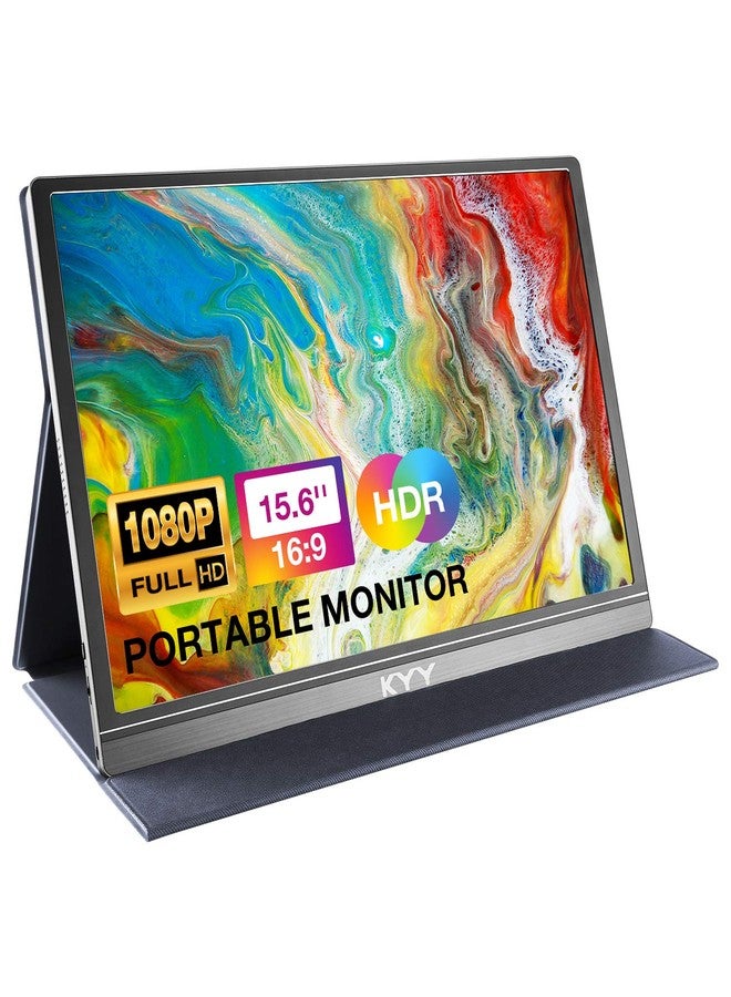KYY شاشة KYY المحمولة مقاس 15.6 بوصة بدقة 1080P FHD، مزودة بمنفذ USB-C ومنفذ HDMI، تدعم تقنية HDR، شاشة ألعاب IPS مع غطاء ذكي فاخر وواقي شاشة، ومكبرات صوت، متوافقة مع أجهزة الكمبيوتر المحمولة، وأجهزة الكمبيوتر الشخصية، وأجهزة Mac، والهواتف، وأجهزة PS4، وأجهزة Xbox Switch. - Image 1