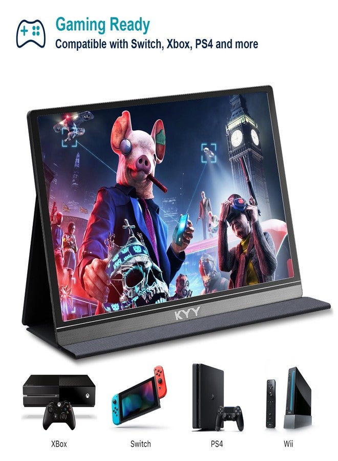 KYY شاشة KYY المحمولة مقاس 15.6 بوصة بدقة 1080P FHD، مزودة بمنفذ USB-C ومنفذ HDMI، تدعم تقنية HDR، شاشة ألعاب IPS مع غطاء ذكي فاخر وواقي شاشة، ومكبرات صوت، متوافقة مع أجهزة الكمبيوتر المحمولة، وأجهزة الكمبيوتر الشخصية، وأجهزة Mac، والهواتف، وأجهزة PS4، وأجهزة Xbox Switch. - Image 3
