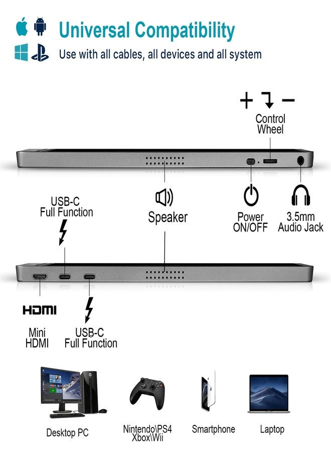 KYY شاشة KYY المحمولة مقاس 15.6 بوصة بدقة 1080P FHD، مزودة بمنفذ USB-C ومنفذ HDMI، تدعم تقنية HDR، شاشة ألعاب IPS مع غطاء ذكي فاخر وواقي شاشة، ومكبرات صوت، متوافقة مع أجهزة الكمبيوتر المحمولة، وأجهزة الكمبيوتر الشخصية، وأجهزة Mac، والهواتف، وأجهزة PS4، وأجهزة Xbox Switch. - Image 5