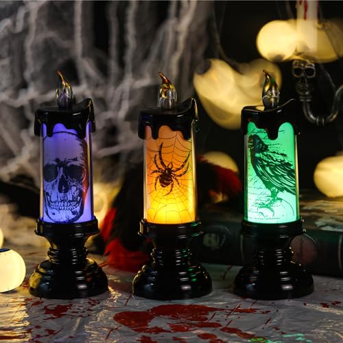 Eldnacele Halloween Flameless Candle Lamp Battery Operated with Remote and Timer Spooky Horror Skull Crow Spider Decals LED Candle Lights Indoor Home Decor Candles Set of 3 28 D x 78 H - Image 3
