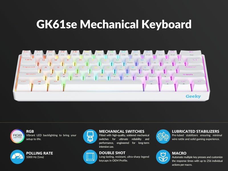 Geeky GK61 SE 60% | Mechanical Gaming Keyboard | 61 Keys Multi Color RGB LED Backlit for PC/Mac Gamer | ANSI US American Layout (White, Mechanical Brown) - Image 5