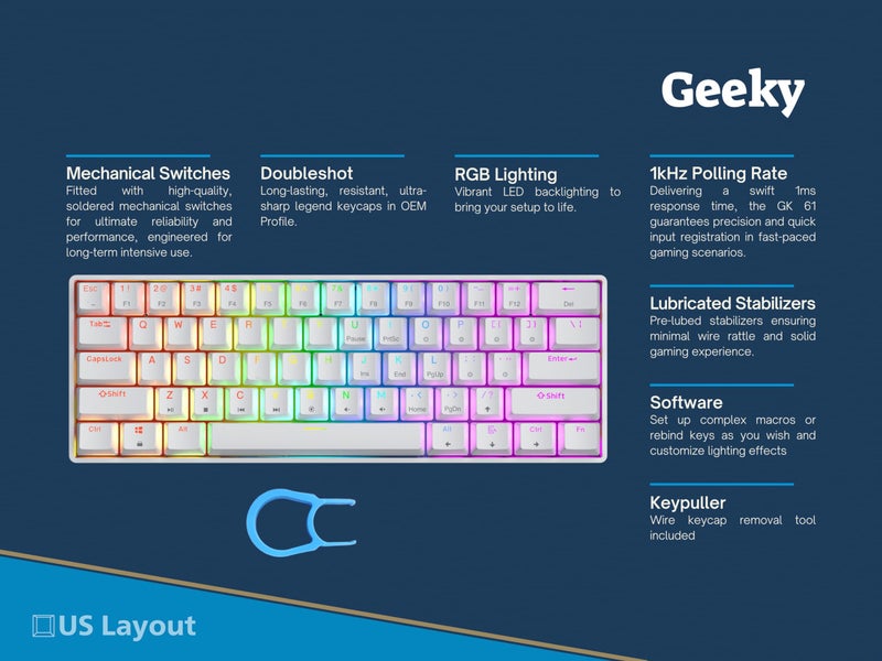 Geeky GK61 SE 60% | Mechanical Gaming Keyboard | 61 Keys Multi Color RGB LED Backlit for PC/Mac Gamer | ANSI US American Layout (White, Mechanical Brown) - Image 2