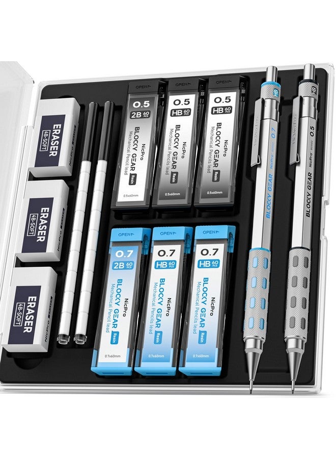 Nicpro Nicpro 2 Pack Blocky Gear Metal Mechanical Pencils Set with Case, 0.5 mm & 0.7 mm Lead Drafting Pencil with 6 Tube (360PCS) Lead Refills(HB 2B), 3 Erasers, 18 Eraser Refills for Art Sketching Drawing - Image 1