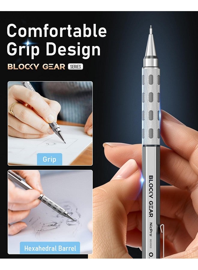 Nicpro Nicpro 2 Pack Blocky Gear Metal Mechanical Pencils Set with Case, 0.5 mm & 0.7 mm Lead Drafting Pencil with 6 Tube (360PCS) Lead Refills(HB 2B), 3 Erasers, 18 Eraser Refills for Art Sketching Drawing - Image 4