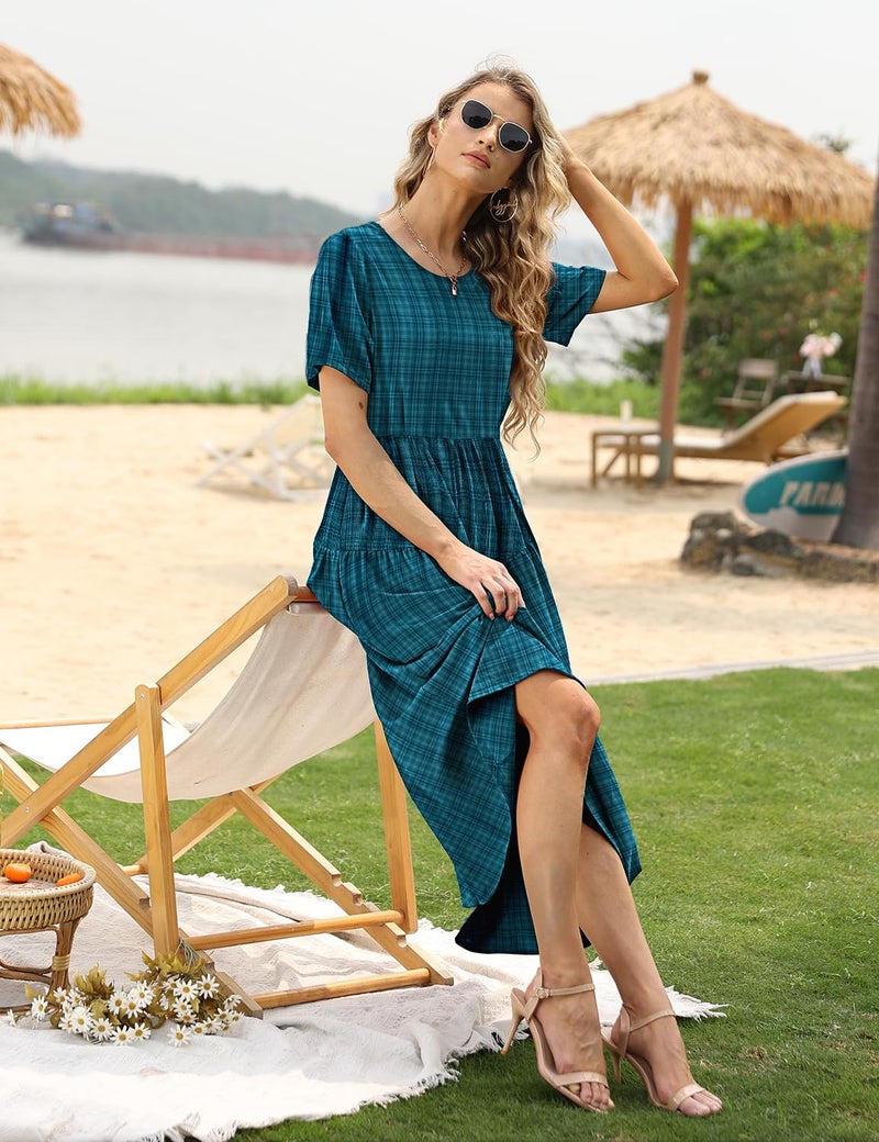 YESNO Women Casual Loose Bohemian Dress with Pockets Short Sleeve Long Maxi Summer Beach Swing Dress (L EJF Solid C Dark Cyan) - Image 3