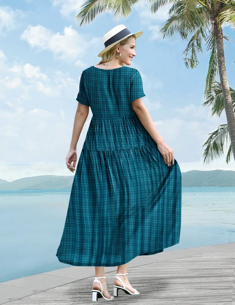YESNO Women Casual Loose Bohemian Dress with Pockets Short Sleeve Long Maxi Summer Beach Swing Dress (L EJF Solid C Dark Cyan) - Image 4