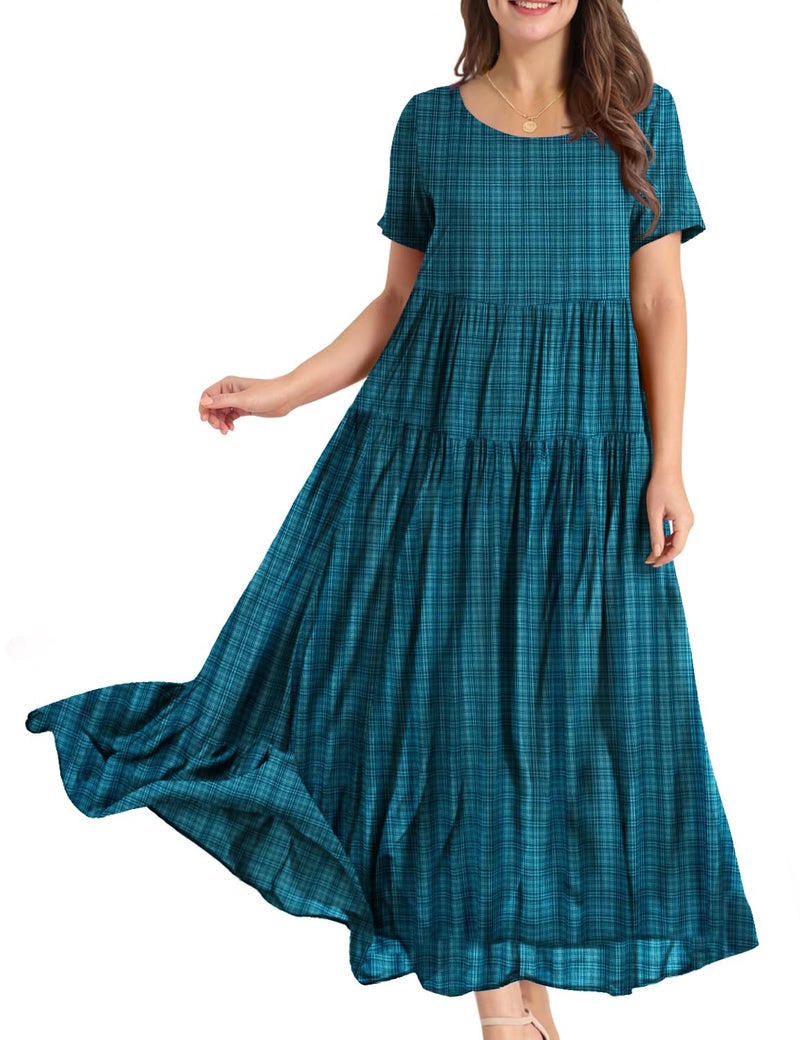 YESNO Women Casual Loose Bohemian Dress with Pockets Short Sleeve Long Maxi Summer Beach Swing Dress (L EJF Solid C Dark Cyan) - Image 1