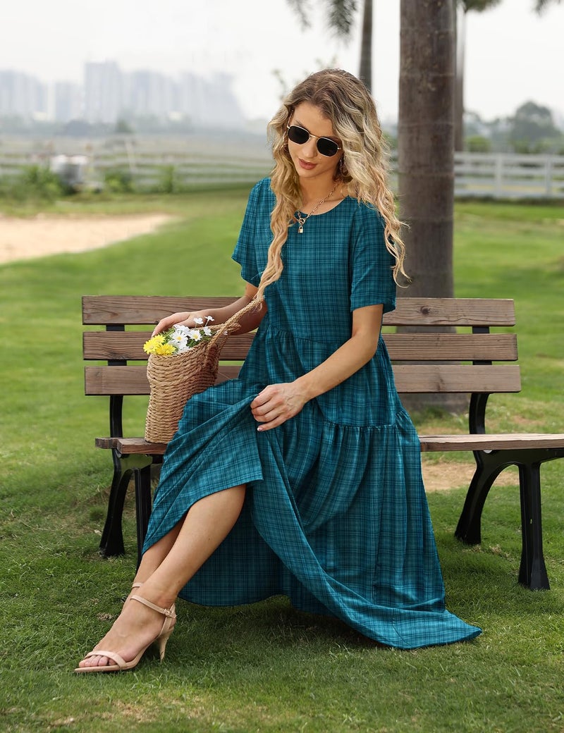 YESNO Women Casual Loose Bohemian Dress with Pockets Short Sleeve Long Maxi Summer Beach Swing Dress (L EJF Solid C Dark Cyan) - Image 2