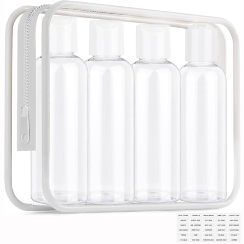 Moonlik Clear Toiletry Travel Bottles, 3.4oz/100ml TSA Approved Empty Containers with Toiletry Bag - Cosmetic Kit with Labels for Shampoo, Conditioner, Lotion, and Airplane Accessories(4Pack, White) - Image 1