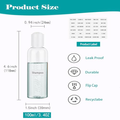 Moonlik Clear Toiletry Travel Bottles, 3.4oz/100ml TSA Approved Empty Containers with Toiletry Bag - Cosmetic Kit with Labels for Shampoo, Conditioner, Lotion, and Airplane Accessories(4Pack, White) - Image 2