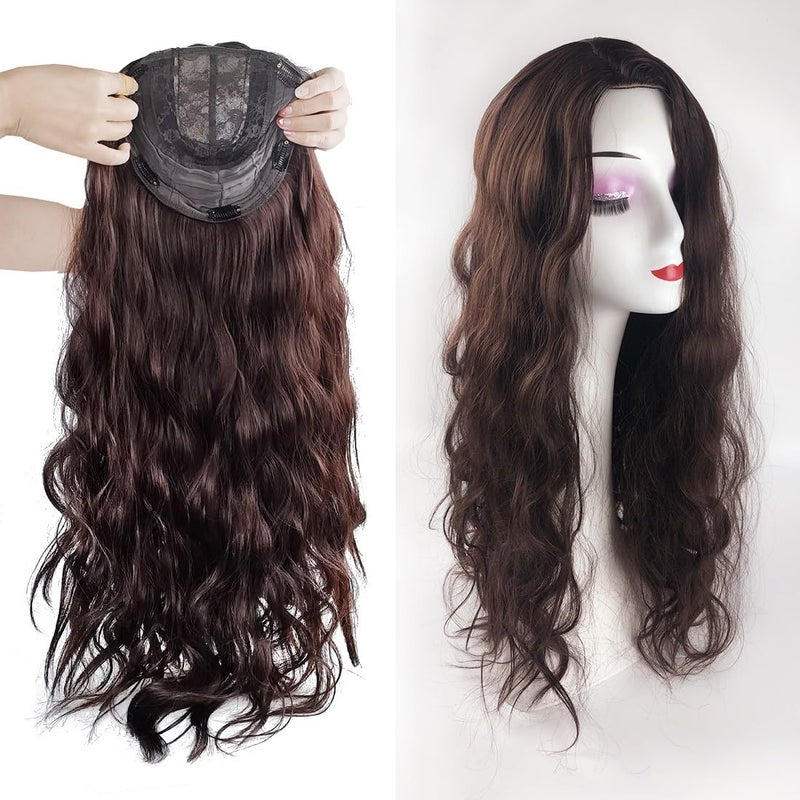 18x18cm Side Part Hair Topper Clip in 150% Density Cloud Wavy Wig 55cm Large Full Head Wear Toupee Silk Clouth Base (Left Part Dark Brown)