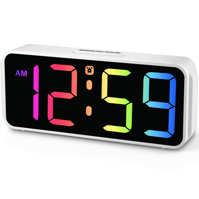 Peakeep Small Digital Alarm Clock Plug in for Kids Bedroom Bedside Nightstand 8 RGB Colors Large Display Dimmable 6 Brightness Corded Electric Battery Backup White  RGB