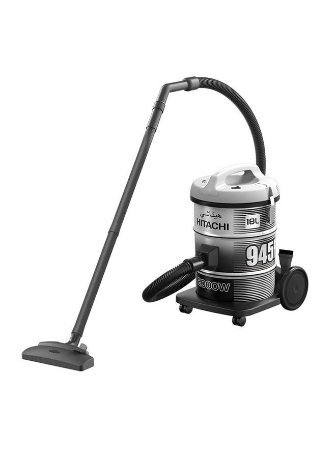 هيتاشي مكنسة كهربائية برميلية بقدرة 2000 وات وسعة 18 لتراً 18 L 2000 W CV-945F SS220 رمادي بلاتيني/ أسود - Image 1