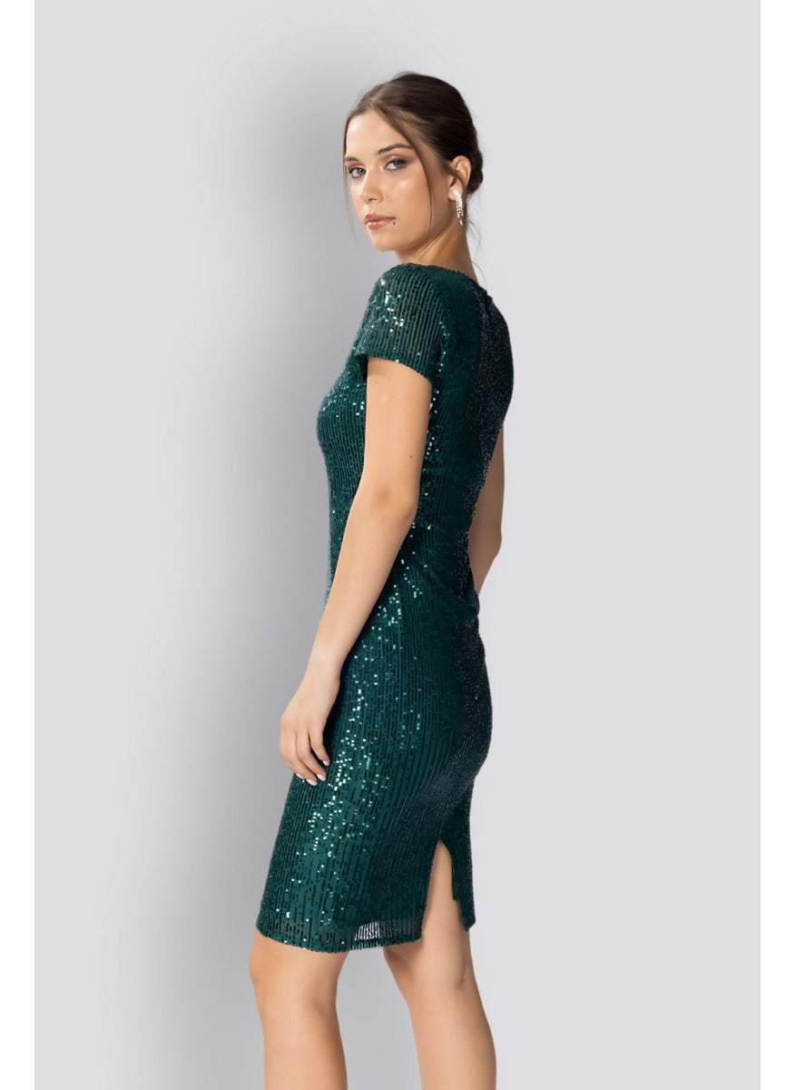 HOX'S Liana | Sequined Short Sleeve Knee Length Pencil Dress - Emerald Green  - Image 5