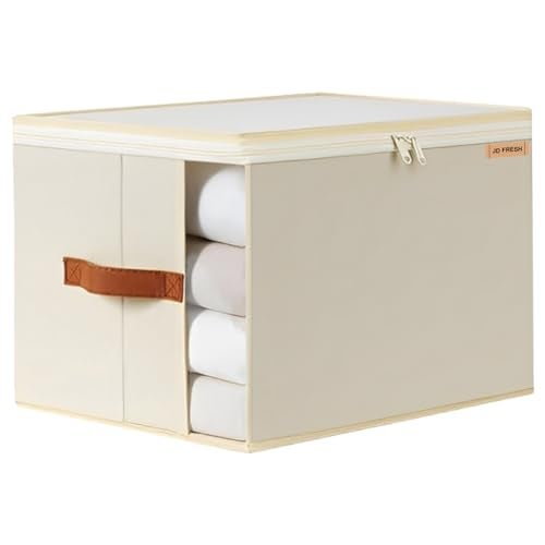 JD FRESH Fabric 1 Pcs 30 Liters Clothing Organizer For Storage/Foldable Cloth Storage Box With Handles/Almirah With Transparent Window/Wardrobe Organizers For Clothes/Sarees/Blankets/Bedsheets,Beige - Image 1