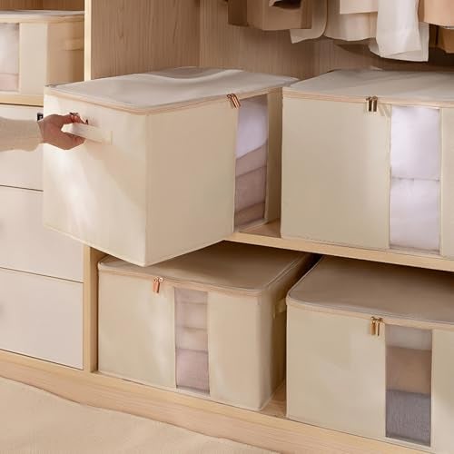 JD FRESH Fabric 1 Pcs 30 Liters Clothing Organizer For Storage/Foldable Cloth Storage Box With Handles/Almirah With Transparent Window/Wardrobe Organizers For Clothes/Sarees/Blankets/Bedsheets,Beige - Image 2