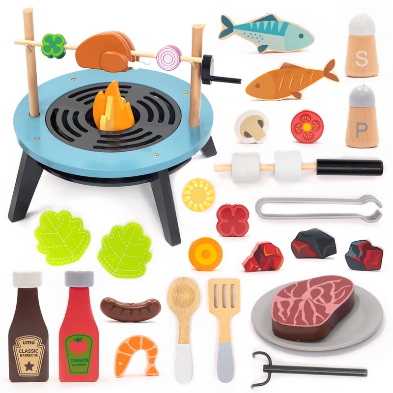 UMU Kids Grill Set Pretend Play BBQ Toys with Wooden Grill Cutting Food and Cooking Accessories Play Kitchen Outdoor Indoor Barbecue Toy for Toddlers and Kids Age 3 4 5 6 7 8 - Image 3