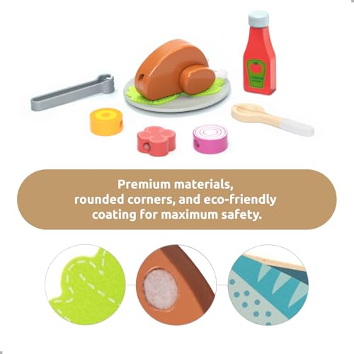 UMU Kids Grill Set Pretend Play BBQ Toys with Wooden Grill Cutting Food and Cooking Accessories Play Kitchen Outdoor Indoor Barbecue Toy for Toddlers and Kids Age 3 4 5 6 7 8 - Image 5